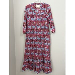 Fox & Hen Maxi Dress Pink Tiger Print V Neck Long Sleeve Tiered Ruffle M